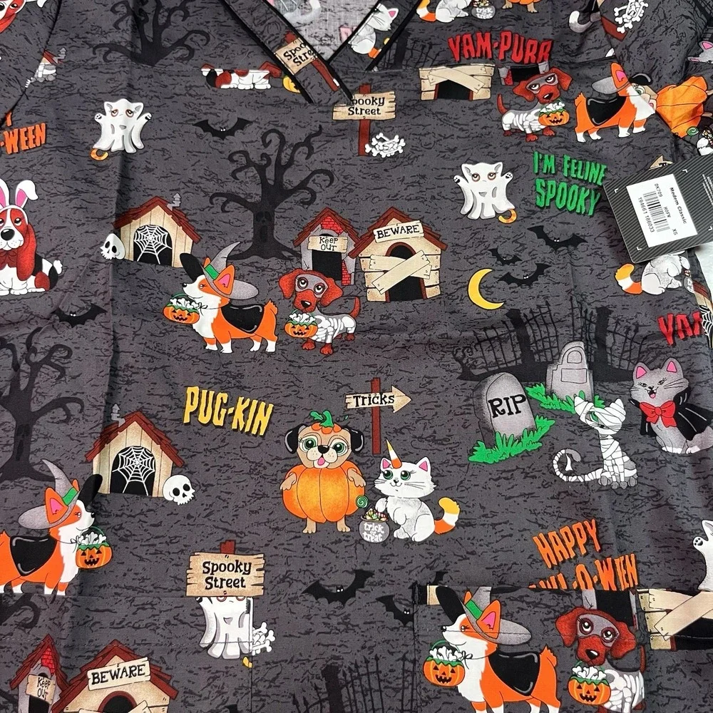 NWT Dickies Halloween Scrub Top Women's Medical Veterinary‎ Dogs Cats XS DK709